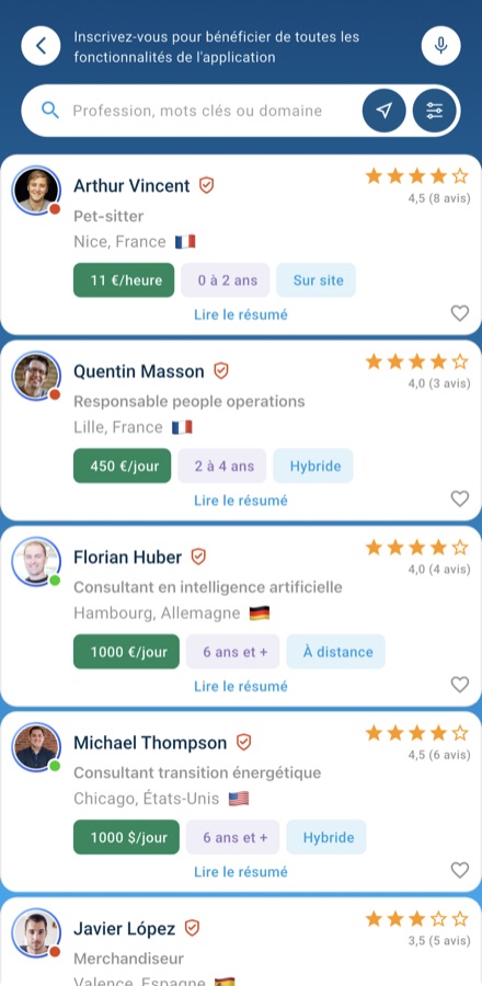 FreeCust-App: Liste der Talente