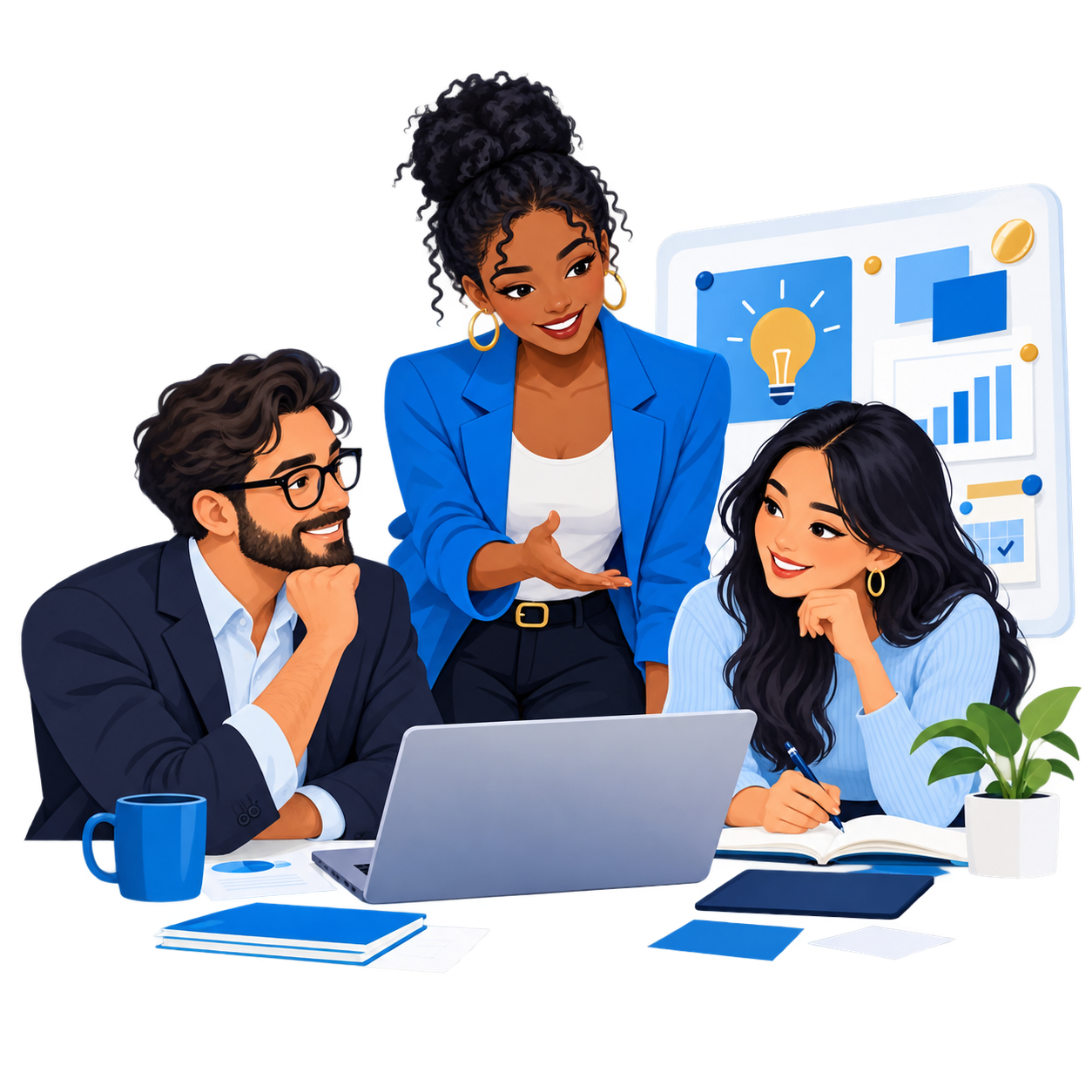 Un client, une apporteuse d’affaires et un freelance travaillent ensemble